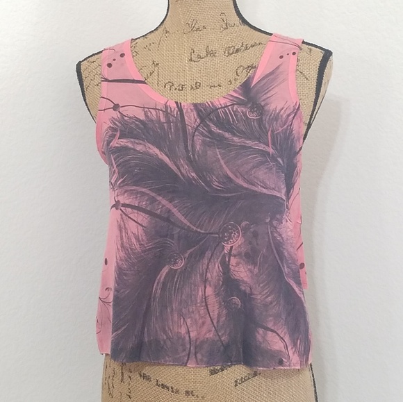 Shasa Tops - SHASA pink grey  Semi•sheer feather graphics tiered tank top Small Casual Beach